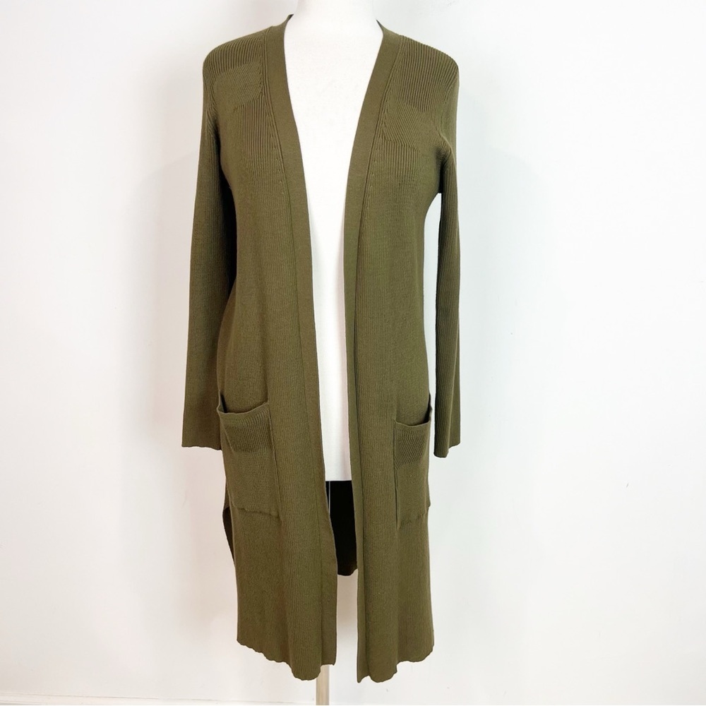 LIZ CLAIBORNE DARK OLIVE GREEN RIBBED OPEN FRONT CARDIGAN SWEATER SZ MEDIUM